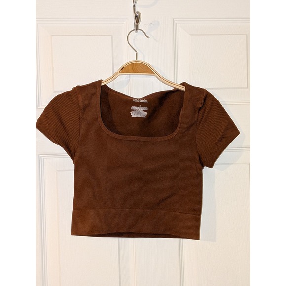 Wild Fable Brown Crop Top Ribbed Knit‎ Square Neck Short Sleeve Tee Shirt S NWT - Picture 1 of 4